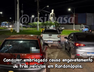 Motorista bêbado causa engavetamento em rotatória e vai preso em Rondonópolis; imagens