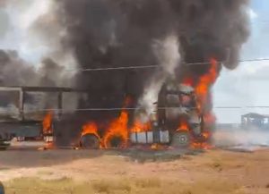 Motorista morre carbonizado após caçamba de bi-trem encostar em rede de alta tensão em MT; vídeos