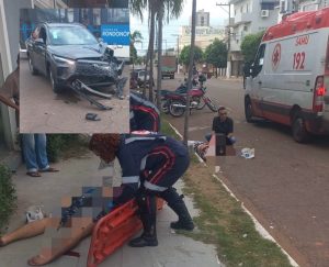 Forte colisão entre carro e moto deixa motociclista gravemente ferido em Rondonópolis; imagens fortes