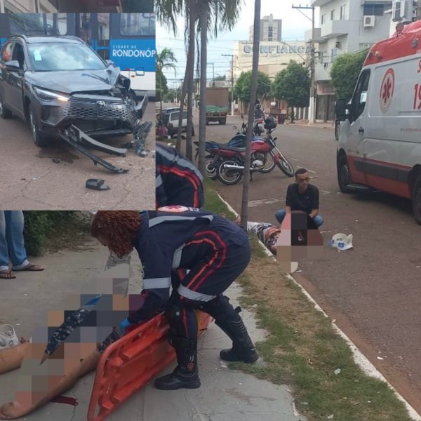 Forte colisão entre carro e moto deixa motociclista gravemente ferido em Rondonópolis; imagens fortes