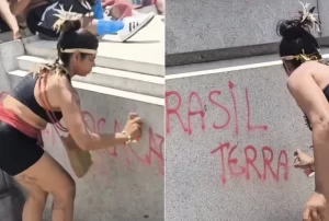 14 anos de prisão? Manifestante picha estátua durante ato da esquerda em BH