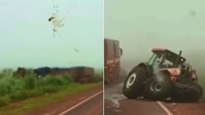 Motorista morre preso às ferragens após colidir brutalmente em trator em MT; assista