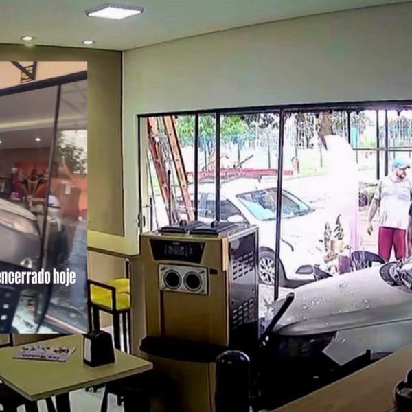 Carro liga sozinho em oficina, atravessa rua e destrói sorveteria em Rondonópolis; assista