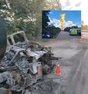 VÍDEO IMPRESSIONA | Carreta-tanque fica destruída após pegar fogo na Serra de São Vicente e trava BR-364