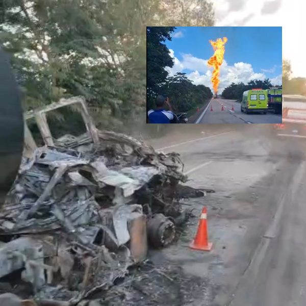 VÍDEO IMPRESSIONA | Carreta-tanque fica destruída após pegar fogo na Serra de São Vicente e trava BR-364