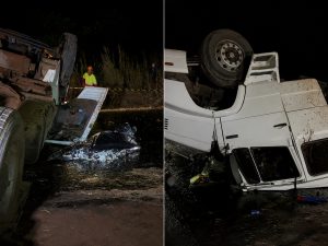 Motorista morre preso às ferragens após carreta tombar na BR-364 em Rondonópolis