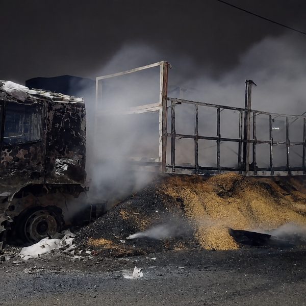 Incêndio criminoso deixa 2 veículos de carga completamente destruídos em MT; vídeo mostra o estrago