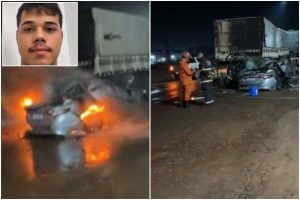 Motorista morre após colisão brutal na traseira de carreta em MT; vídeo mostra impacto e carro em chamas