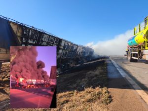 Vídeo mostra carreta destruída por incêndio após sequência de acidentes interditar BR-163 em Rondonópolis