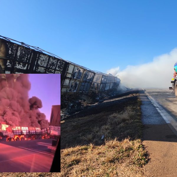 Vídeo mostra carreta destruída por incêndio após sequência de acidentes interditar BR-163 em Rondonópolis