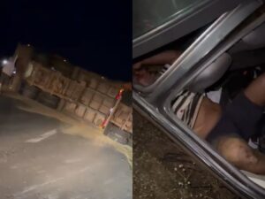 Vídeo mostra vítima presa às ferragens após grave acidente entre carro e carreta na MT-130 próximo a Rondonópolis