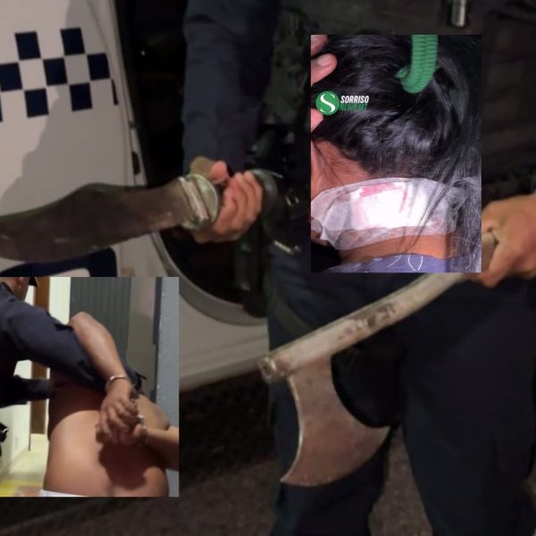 Homem é preso pela PM após tentar degolar esposa com machadinha; vídeo forte