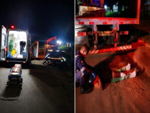 Motociclista colide em caminhão parado e fica gravemente ferida em Rondonópolis; veja