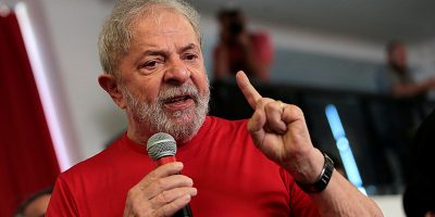 Former Brazilian President Luiz Inacio Lula da Silva speaks at the metallurgical trade union while the Brazilian court decides on his appeal against a corruption conviction, in Sao Bernardo do Campo